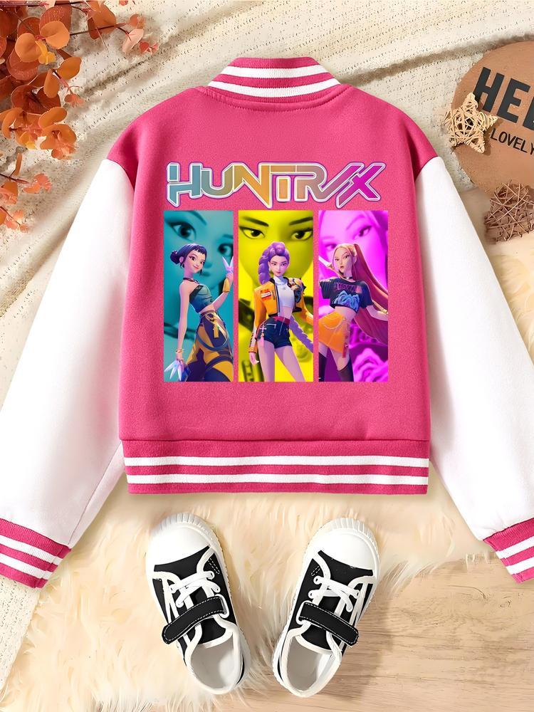 Girls' Halloween Christmas Short Baseball Jacket Coat, Casual Comfy Jacket, Casual Sports School Uniform, Elastic Fabric, Youth Fashion Outerwear