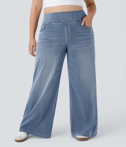 FlexHigh Waisted Pockets Baggy Wide Leg Washed Casual Plus Size Jeans
