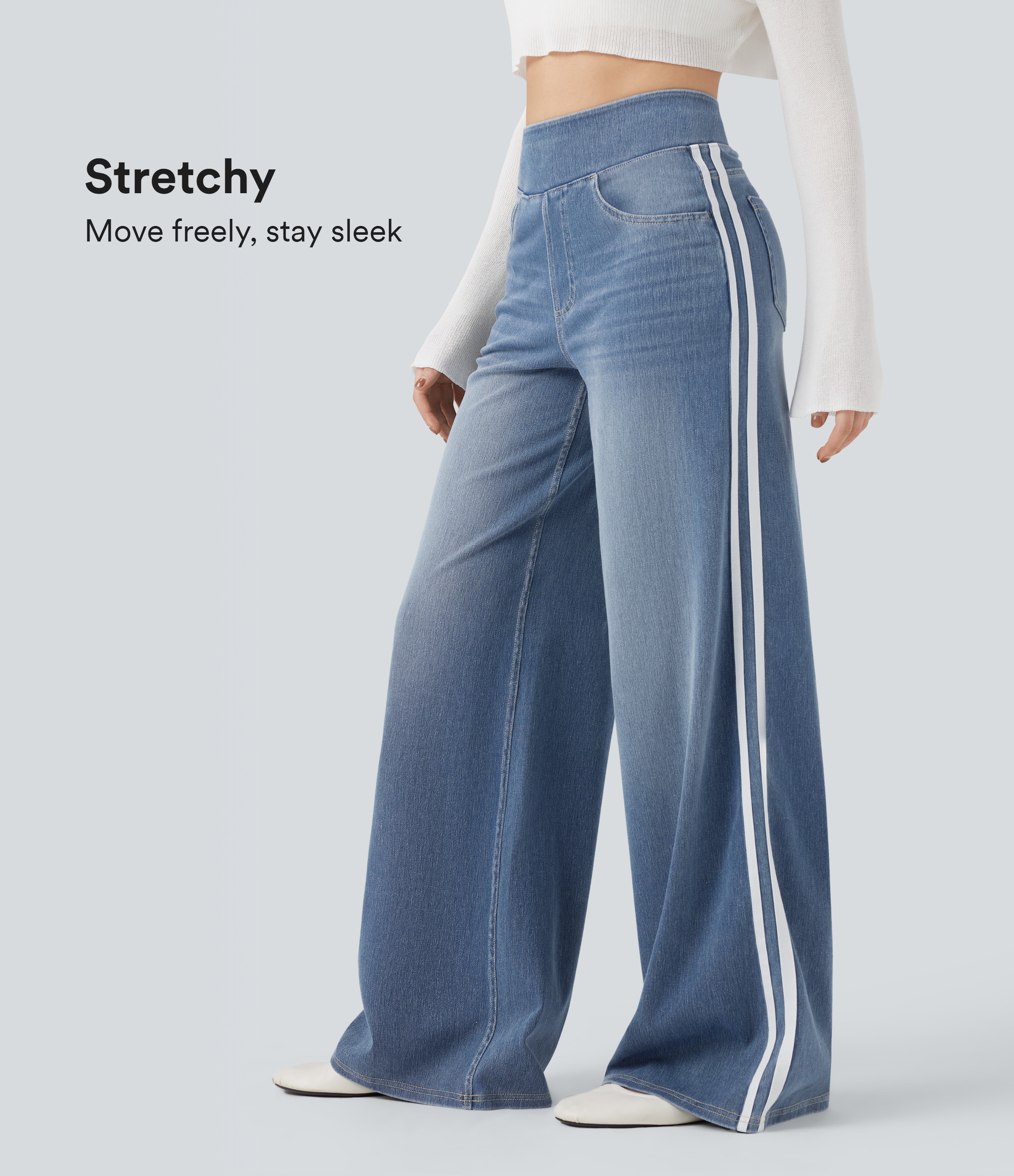 FlexHigh Waisted Stripe Wide Leg Flowy Washed Casual Jeans with Pockets
