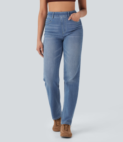 FlexHigh Waisted Pockets Straight Leg Washed Casual Jeans