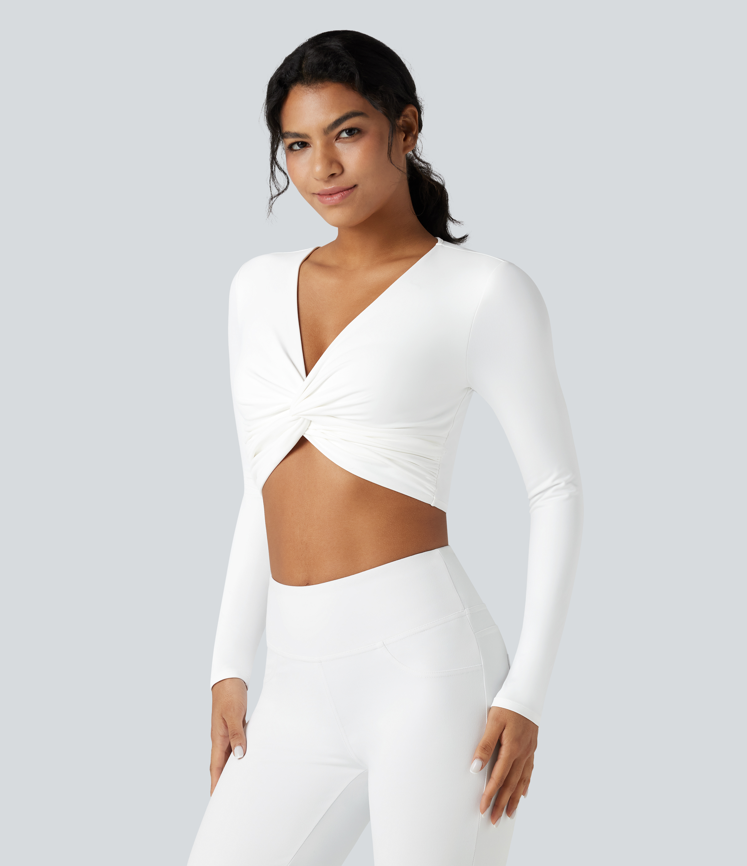 SoftlyZeroPlush Deep V-neck Long Sleeve Twisted Cropped Yoga Sports Top