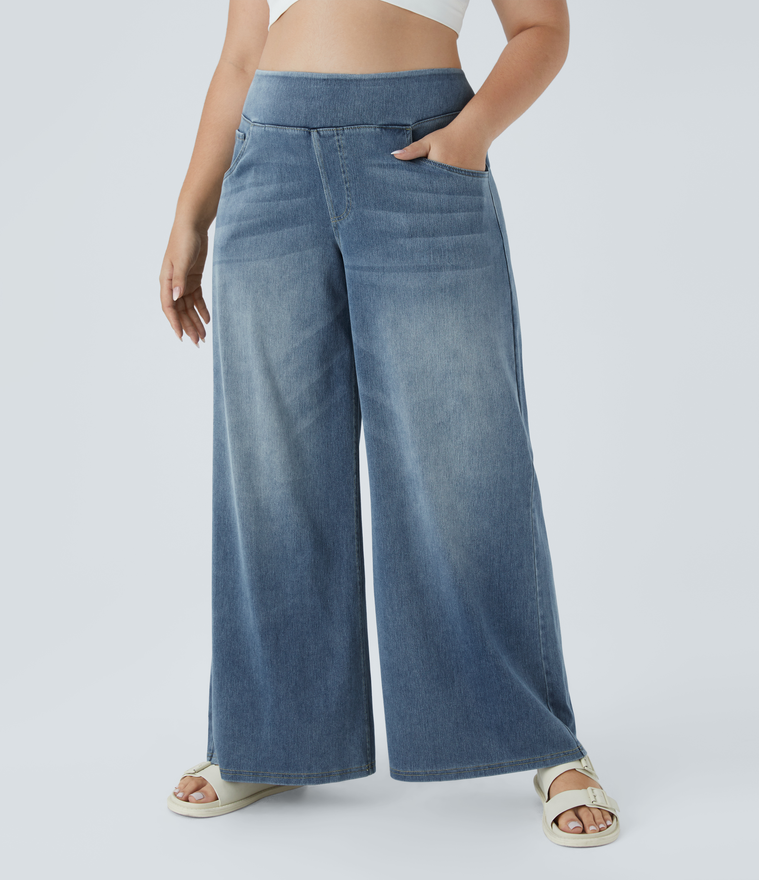 FlexHigh Waisted Pockets Baggy Wide Leg Washed Casual Plus Size Jeans
