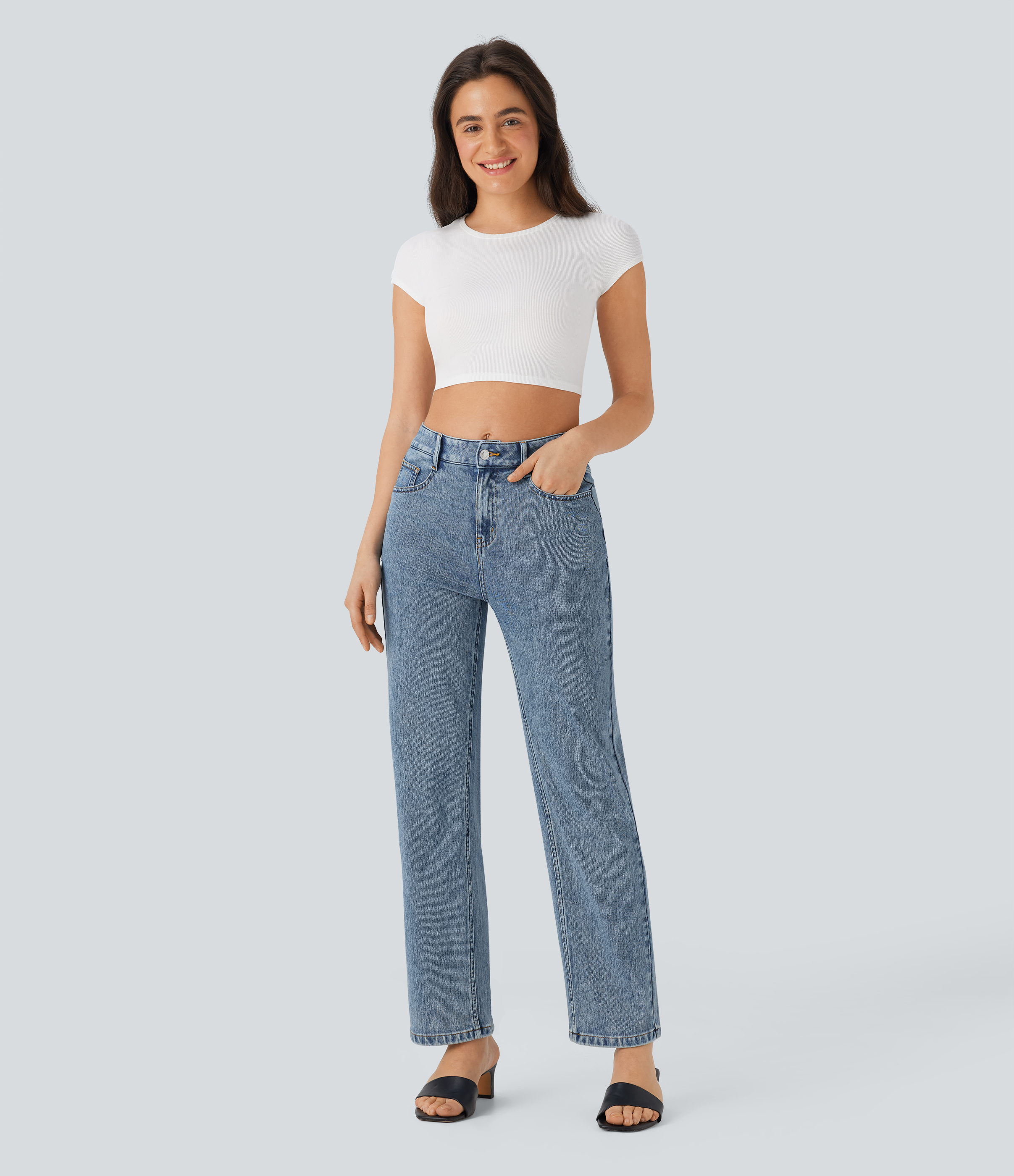 FlexHigh Waisted Zipper Pockets Straight Leg Casual Jeans