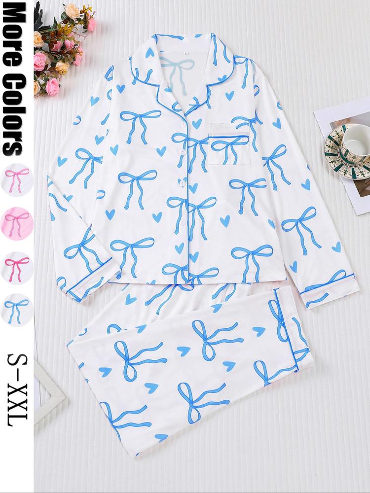 Women's 2-Piece Pajama Set, Bowknot Print, Holiday Party Sleepwear, Soft Shirt Collar Top & Elastic Pants, Casual Home Wear