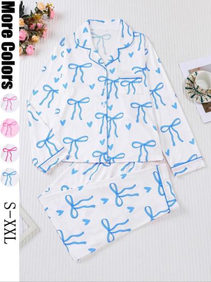 Women's 2-Piece Pajama Set, Bowknot Print, Holiday Party Sleepwear, Soft Shirt Collar Top & Elastic Pants, Casual Home Wear