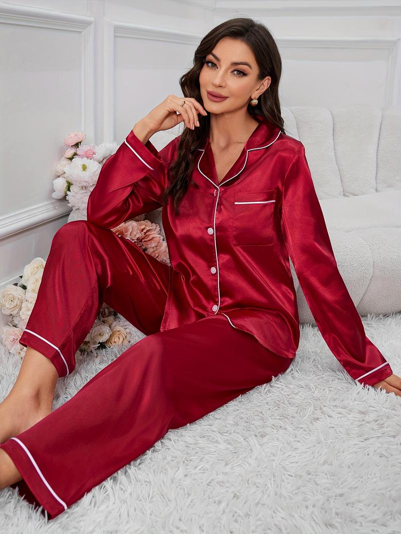 Women'S Red Satin Pajama Set - Long Sleeve, Button-Up, Casual Style, Perfect for Fall/Winter, Cozy Home Wear, Cozy Home Wear | Satin Finish | Satin Fabric
