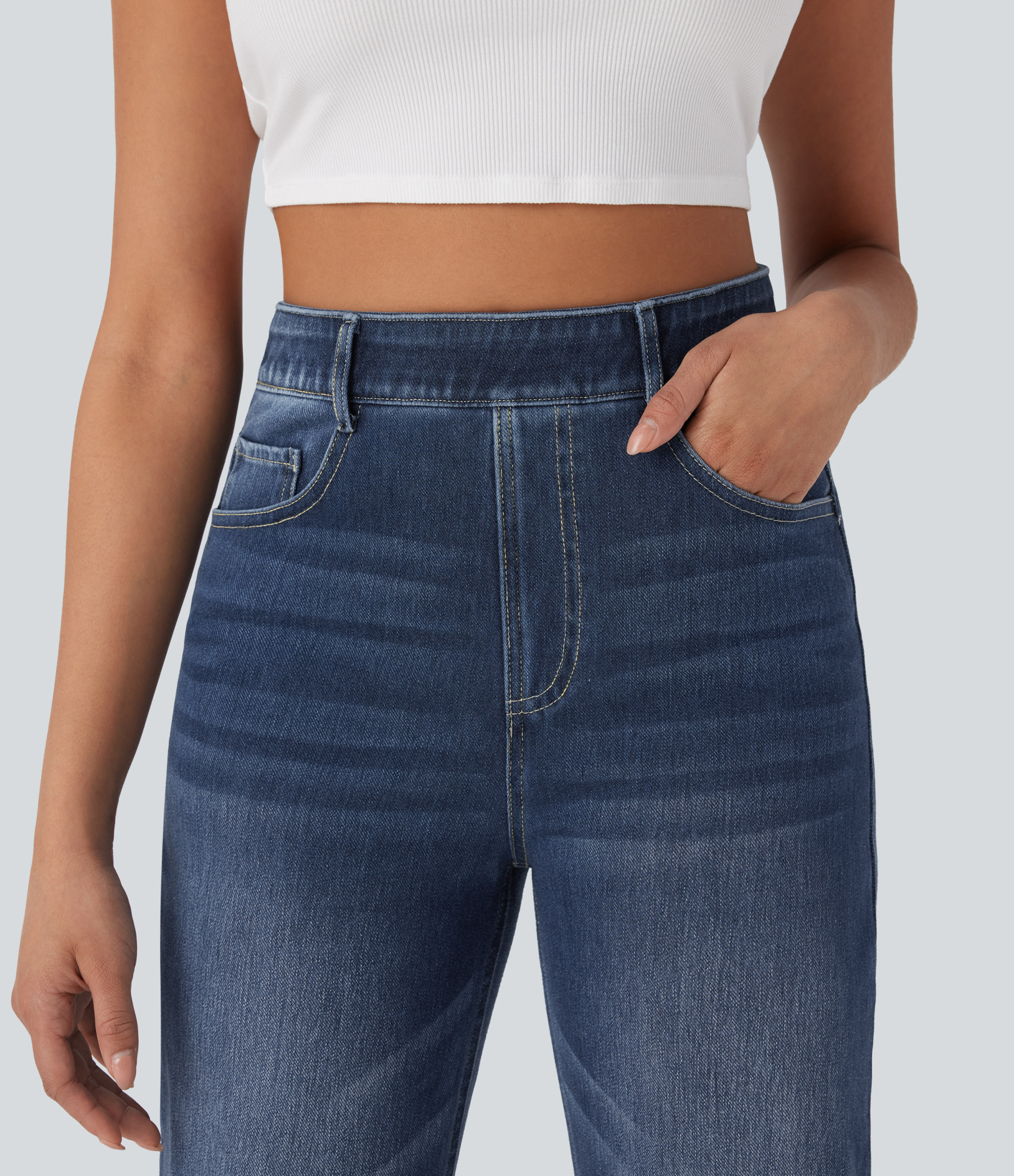 FlexHigh Waisted Pockets Straight Leg Washed Casual Jeans