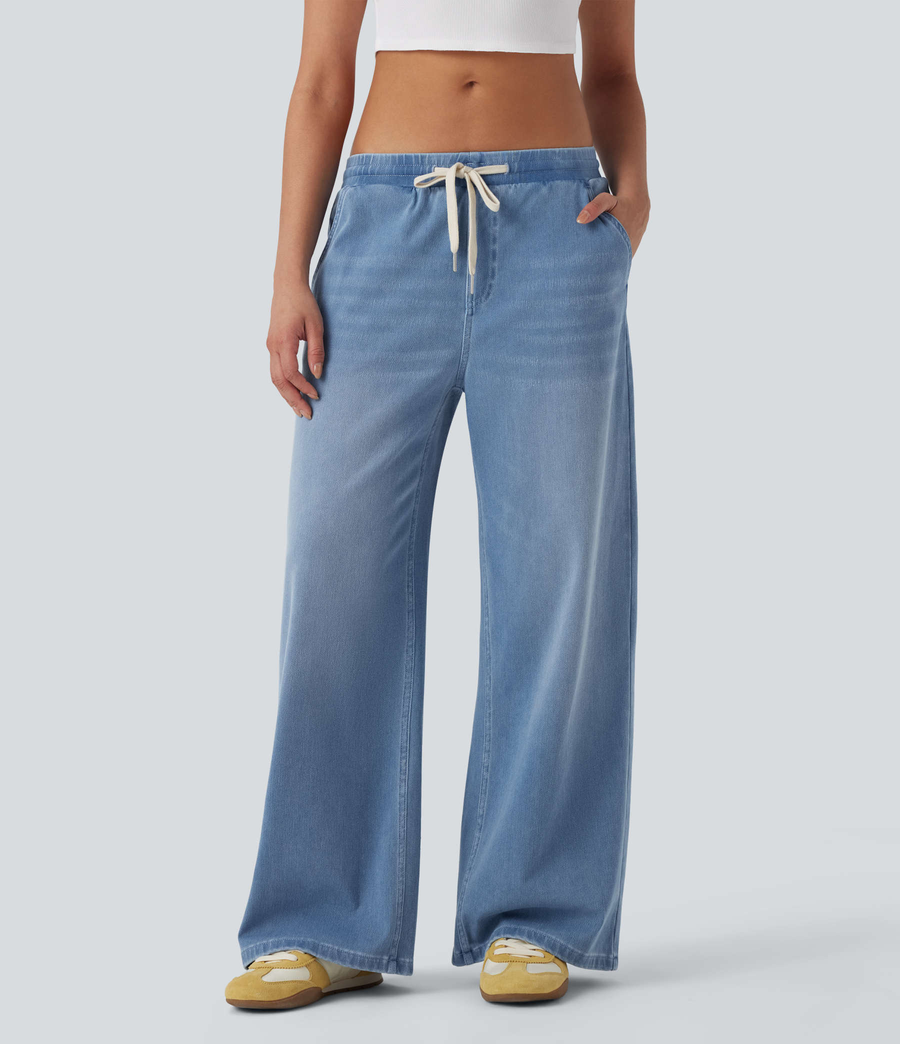 FlexLow Rise Drawstring Stretchy Knit Casual Baggy Sweatpants Jeans with Multiple Pockets