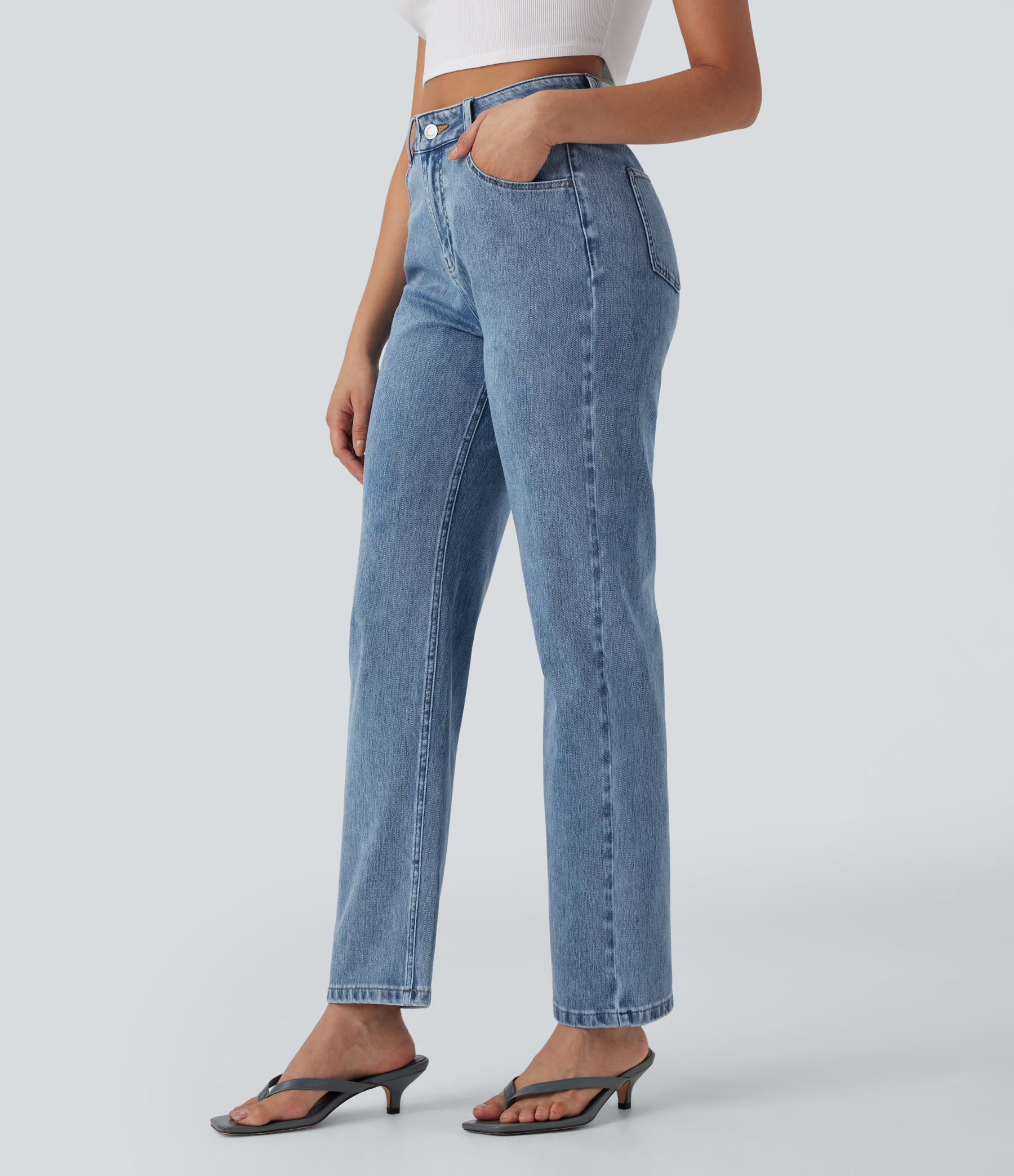 FlexHigh Waisted Zipper Pockets Straight Leg Casual Jeans