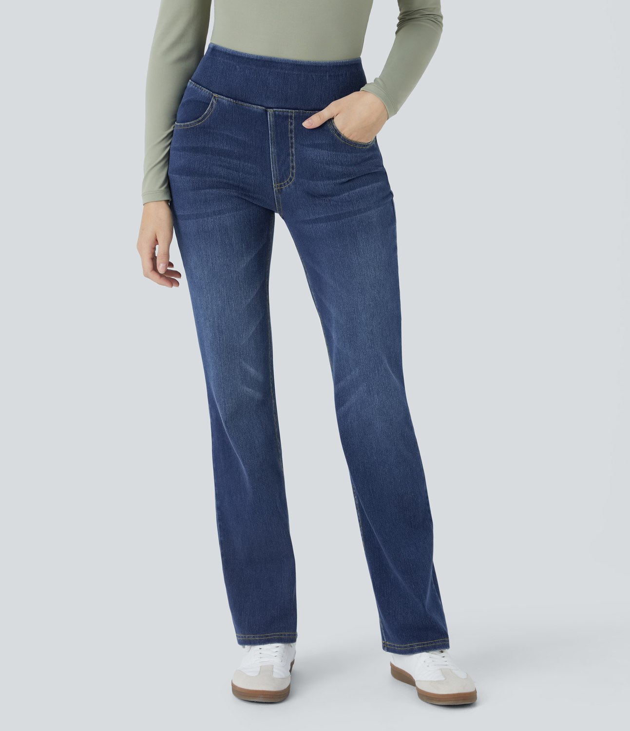 FlexHigh Waisted Pockets Washed Casual Bootcut Jeans