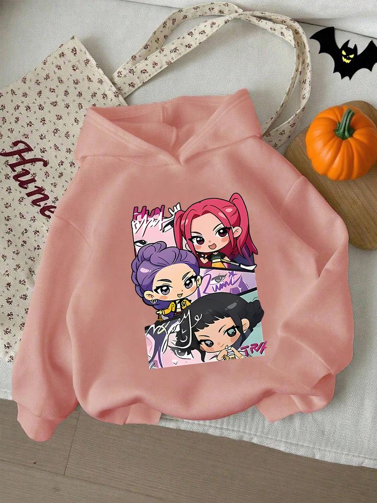 Girls' Kpop Hunter Series Hoodie, Long Sleeve Cartoon Print Pullover, Casual Comfortable Spring & Fall Fashion, Fitted Style, Graphic Casual Hoodie
