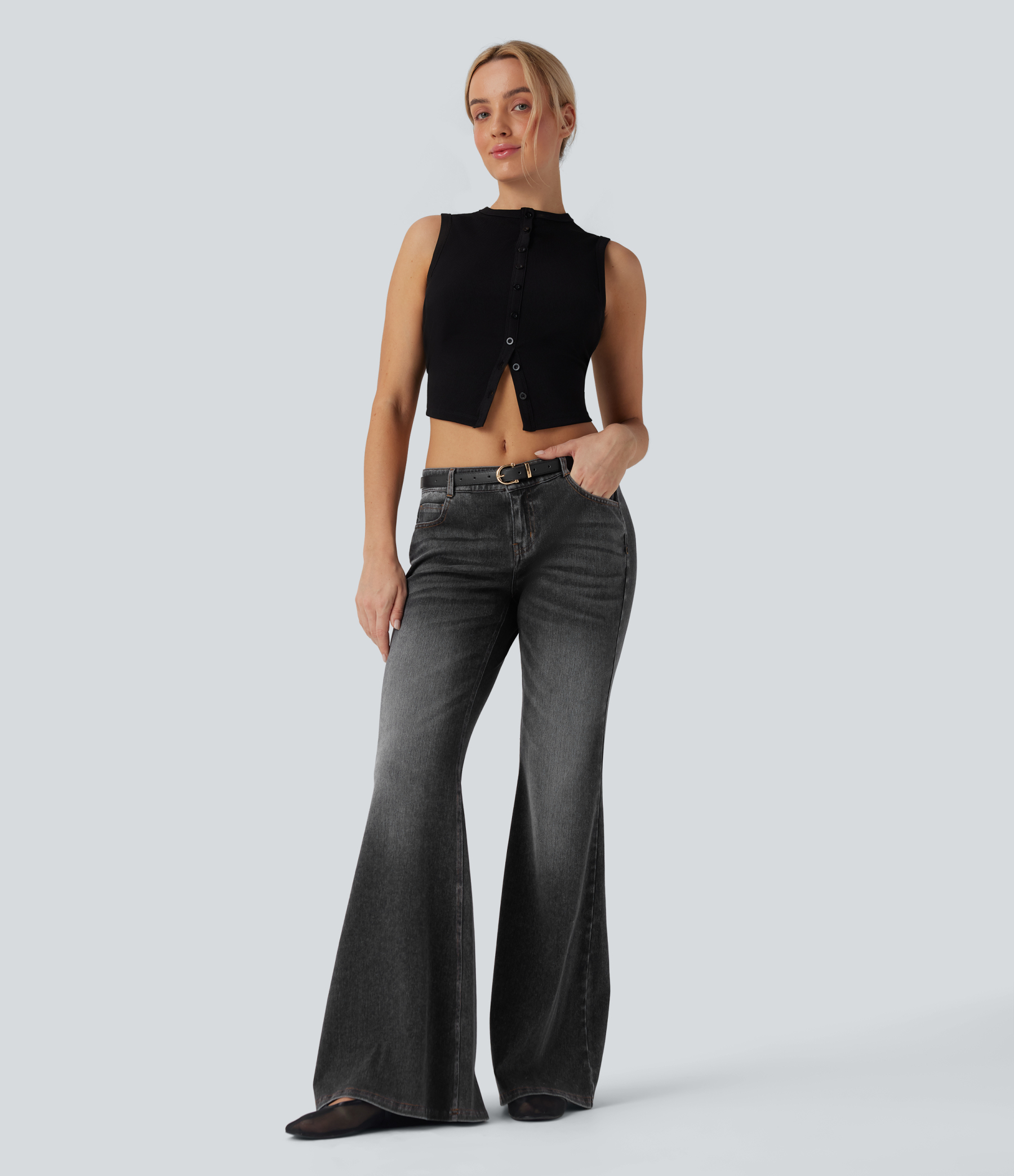 FlexLow Rise Flare Washed Casual Jeans with Pockets