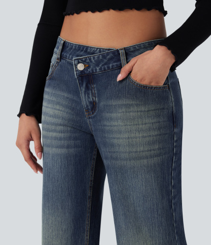 FlexAsymmetric Low Rise Straight Leg Casual Jeans with Pockets