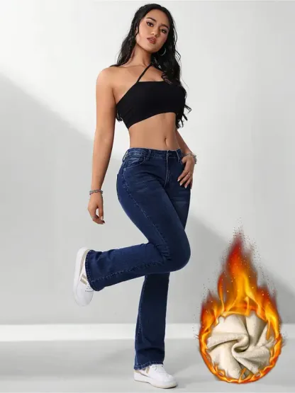 Women's Fall Winter Fleece Lined Thick Warm Comfortable High Waist Skinny Jeans, Elegant Style, All Seasons Wear
