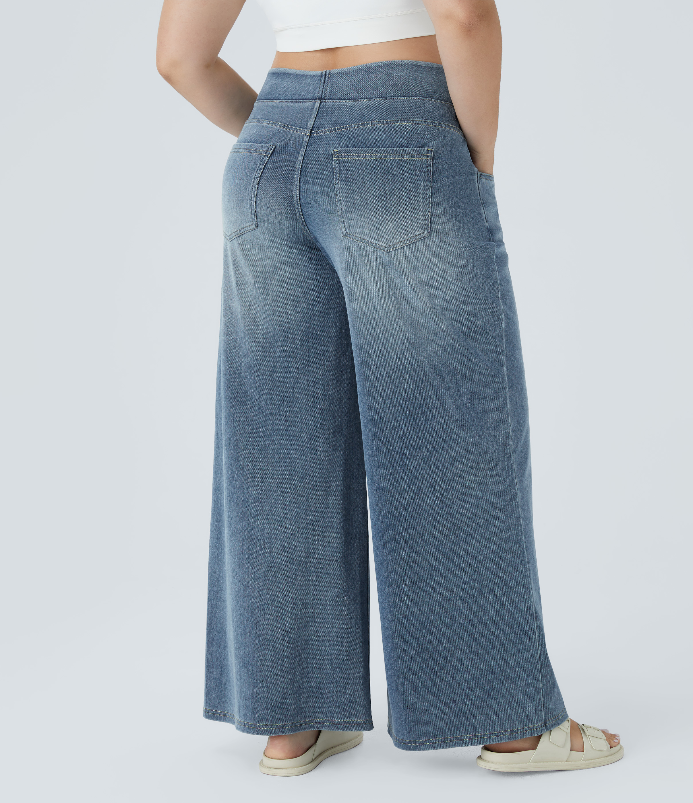 FlexHigh Waisted Pockets Baggy Wide Leg Washed Casual Plus Size Jeans