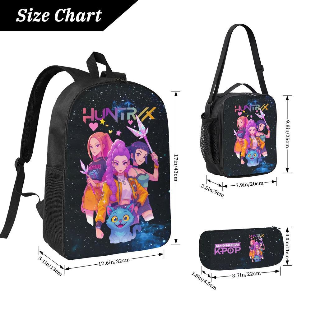 3PCS Functional K-POP Demon Hunters Backpack Set - Black Large Capacity Laptop Schoolbag + Portable Lunch Bag + Pencil Case, Fashionable Bag for Teens Men Women, Perfect for Daily Use & Gift Giving