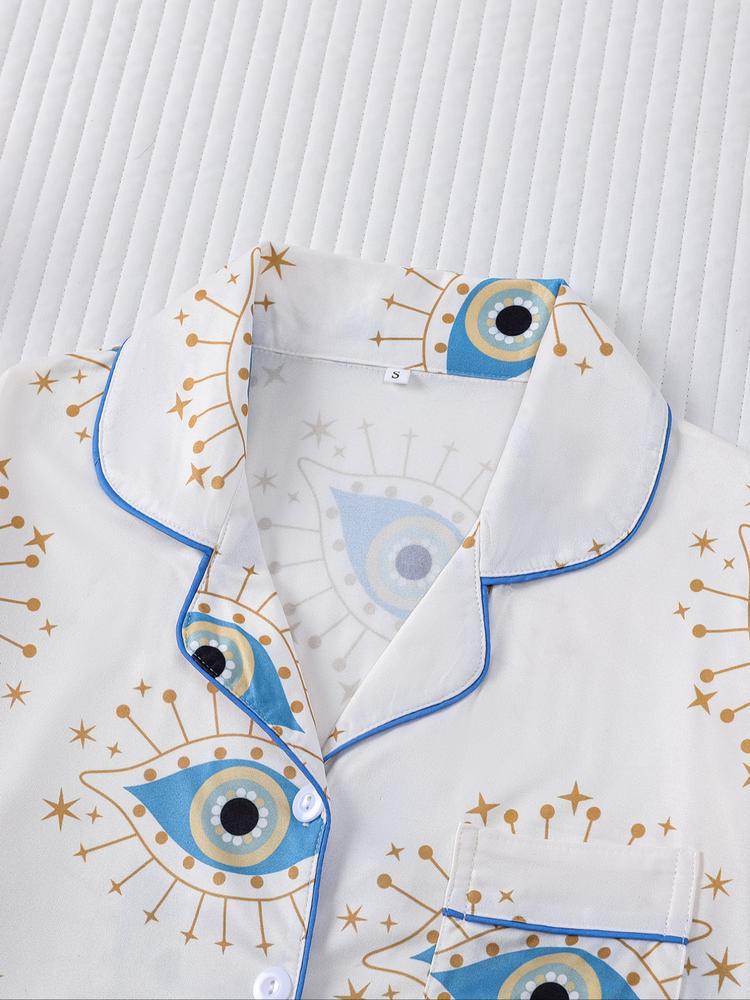 Women's Sleepwear Set, Eye Pattern Print, Holiday Party Pajamas, Soft Shirt Collar Top & Elastic Pants, Casual Home Wear