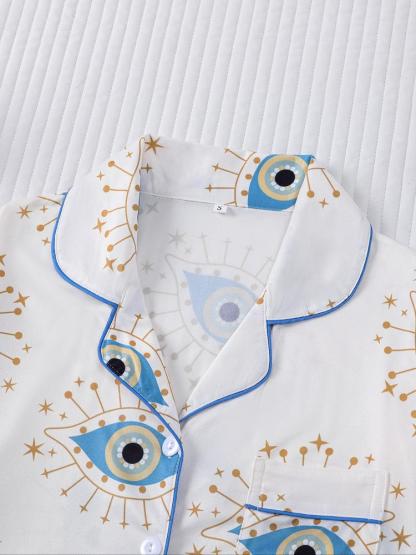 Women's Sleepwear Set, Eye Pattern Print, Holiday Party Pajamas, Soft Shirt Collar Top & Elastic Pants, Casual Home Wear