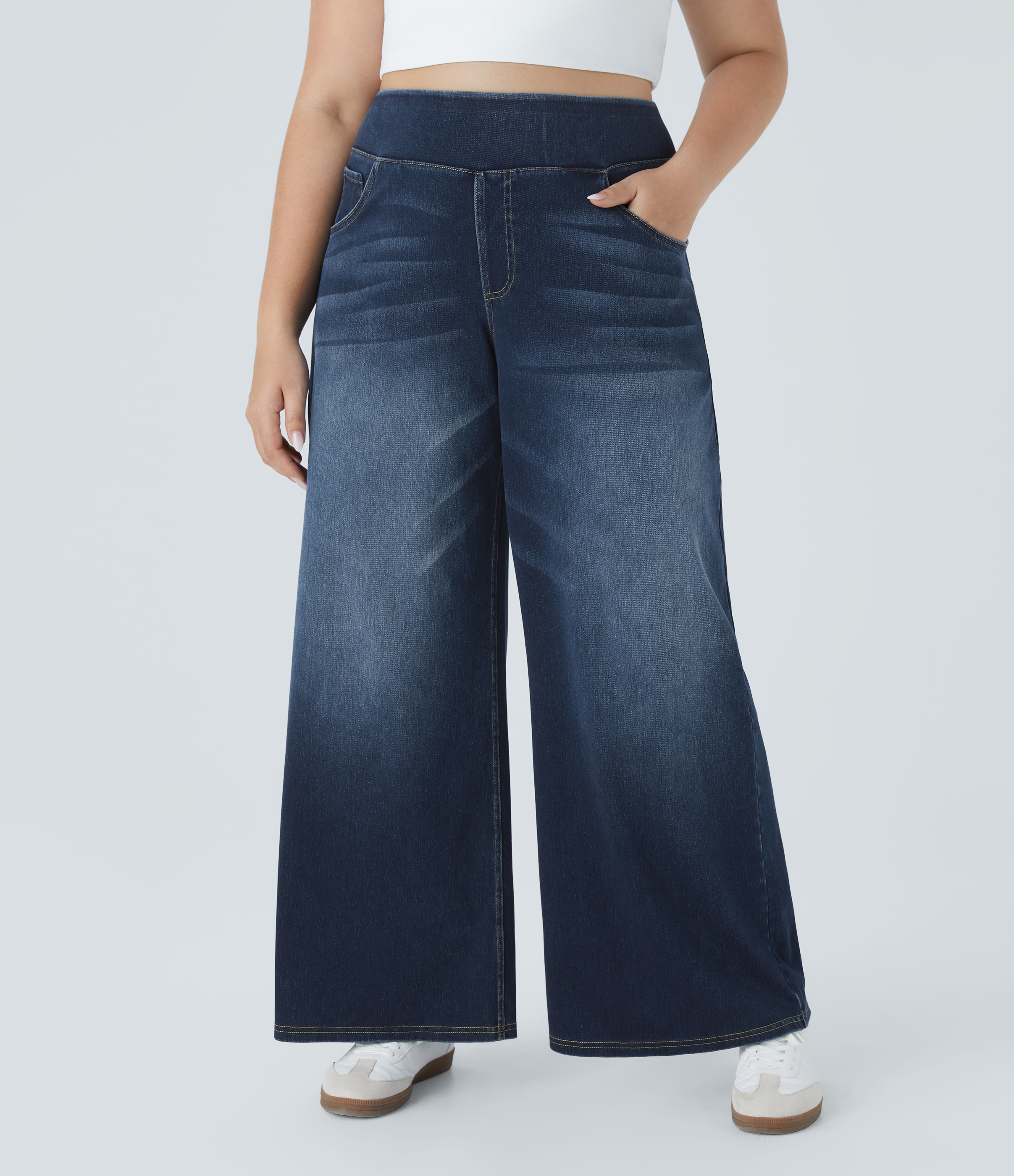 FlexHigh Waisted Pockets Baggy Wide Leg Washed Casual Plus Size Jeans