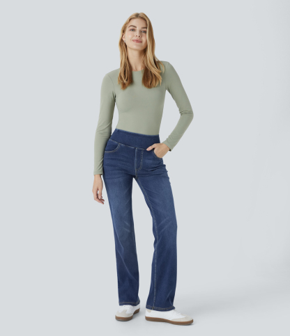FlexHigh Waisted Pockets Washed Casual Bootcut Jeans