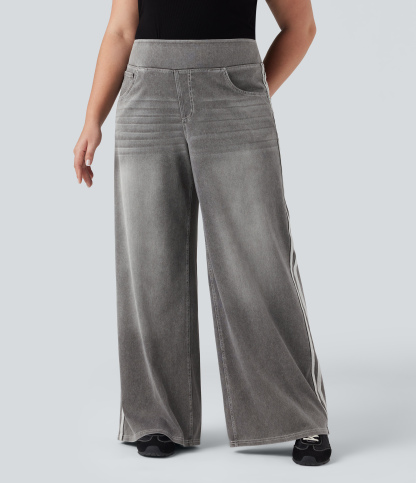 Plus Size FlexHigh Waisted Stripe Wide Leg Flowy Washed Casual Jeans with Pockets