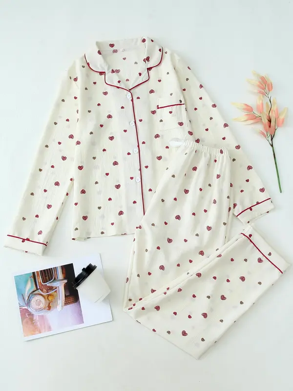 Women's Button Front Blouse & Bow Front Contrast Binding Pants Pyjama Set, Casual Long Sleeve Lapel Top & Trousers, Summer Outfits 2024, Sleepwear for Spring & Fall, National Day Offers