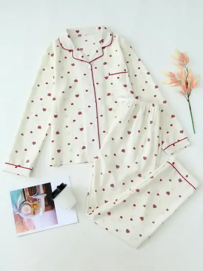 Women's Button Front Blouse & Bow Front Contrast Binding Pants Pyjama Set, Casual Long Sleeve Lapel Top & Trousers, Summer Outfits 2024, Sleepwear for Spring & Fall, National Day Offers