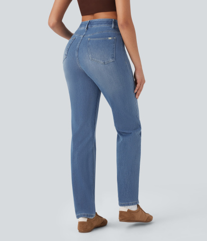 FlexHigh Waisted Pockets Straight Leg Washed Casual Jeans