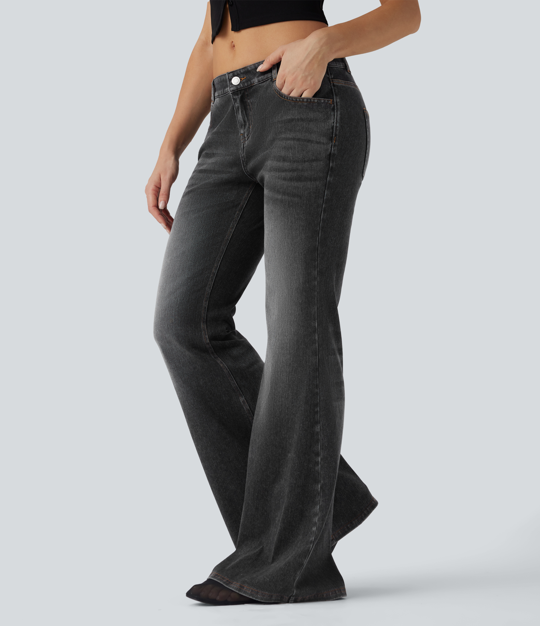 FlexLow Rise Flare Washed Casual Jeans with Pockets