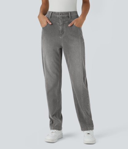 FlexHigh Waisted Zipper Pockets Washed Casual Jeans