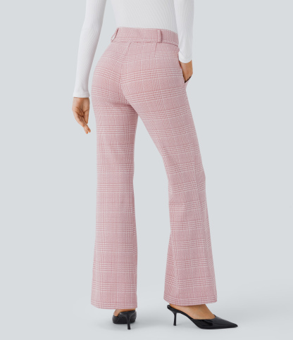 FlexHigh Waisted Decorative Pocket Houndstooth Plaid Work Flare Pants