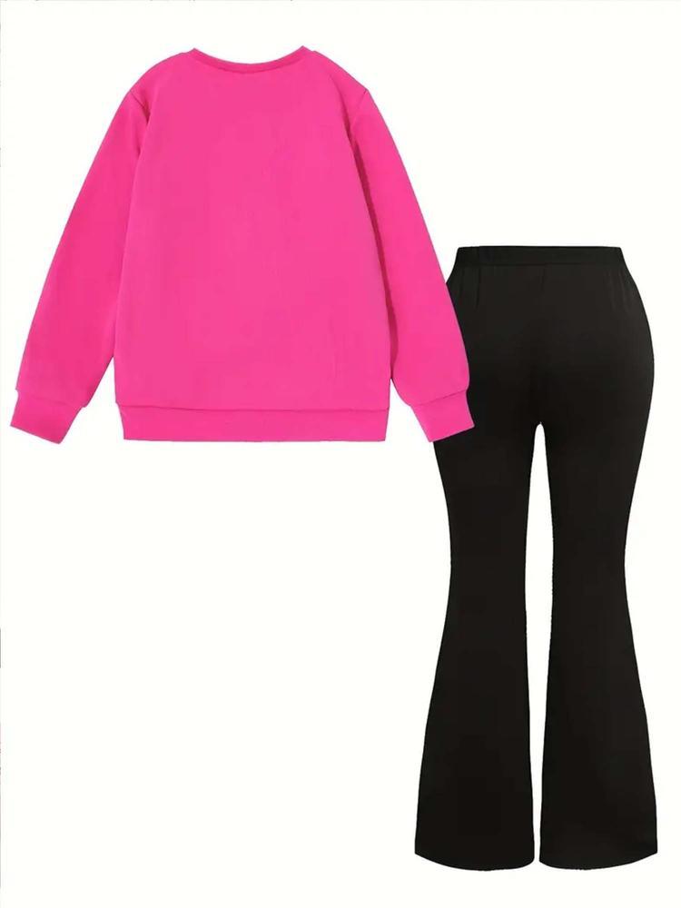 Girls Kpop Demon Hunters Set, Cartoon Pattern Long Sleeve Tee & Comfortable Bell Bottoms, Spring Fall Casual Fitted