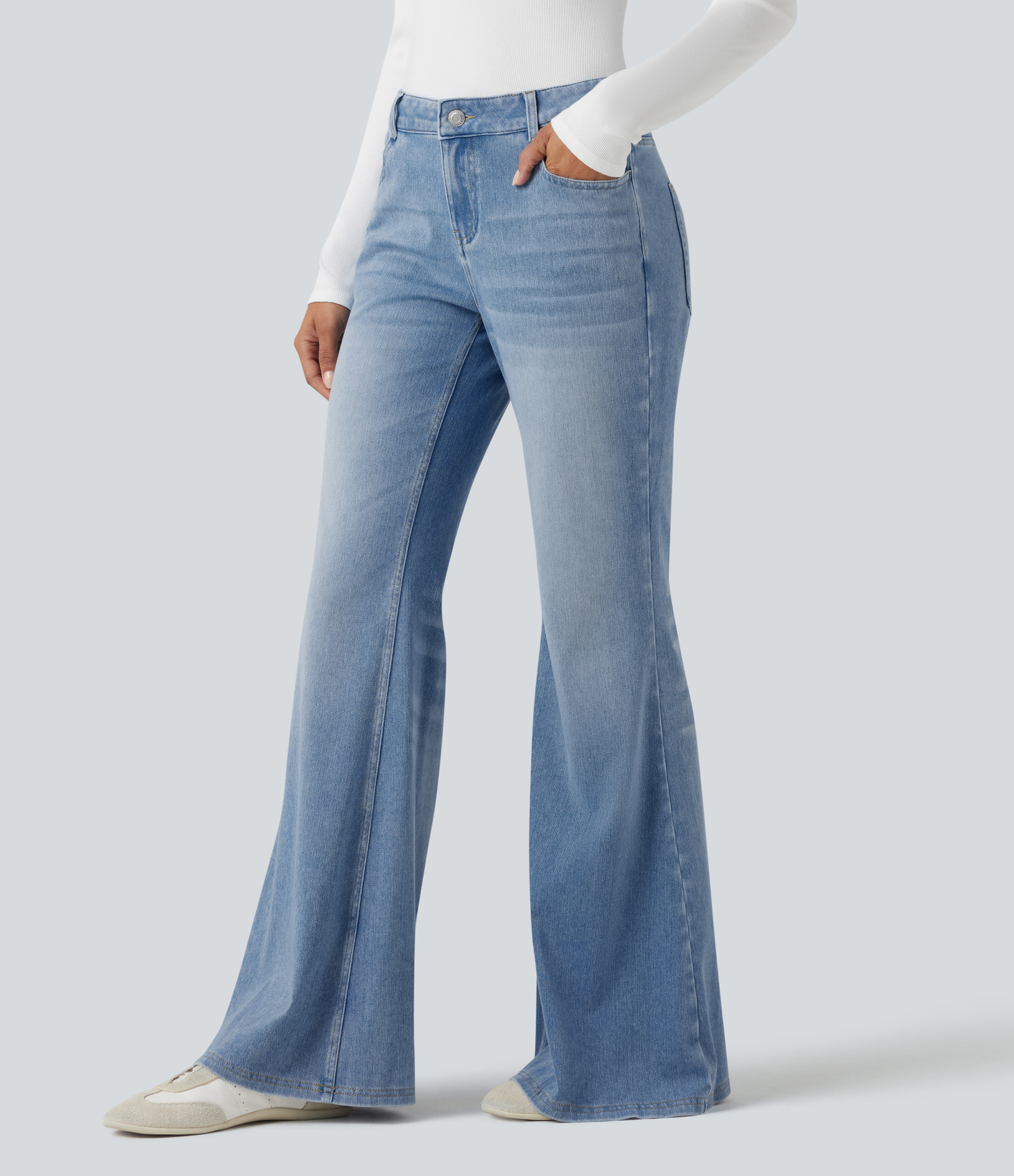 FlexLow Rise Flare Washed Casual Jeans with Pockets