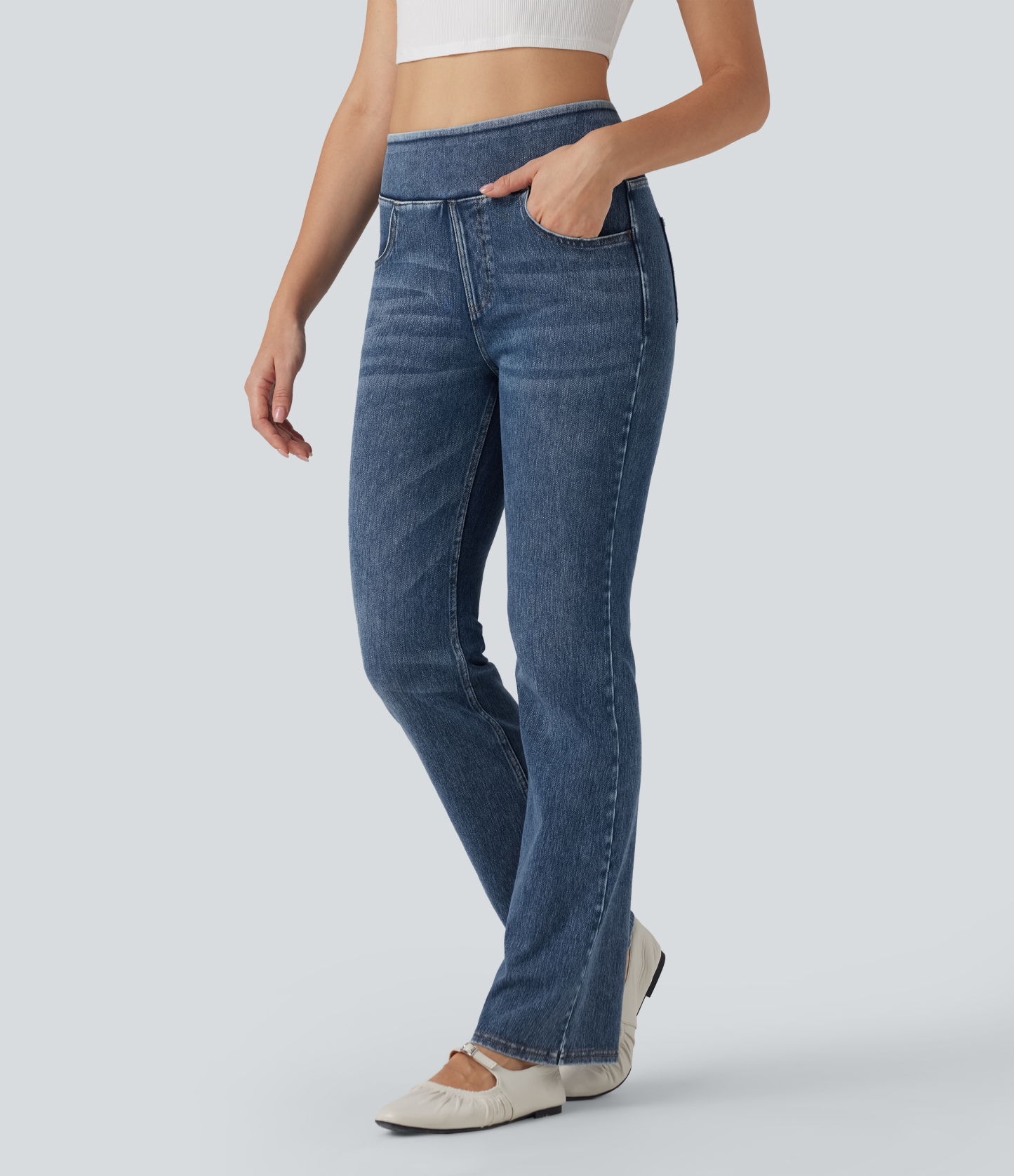 FlexHigh Waisted Washed Casual Bootcut Jeans with Pockets