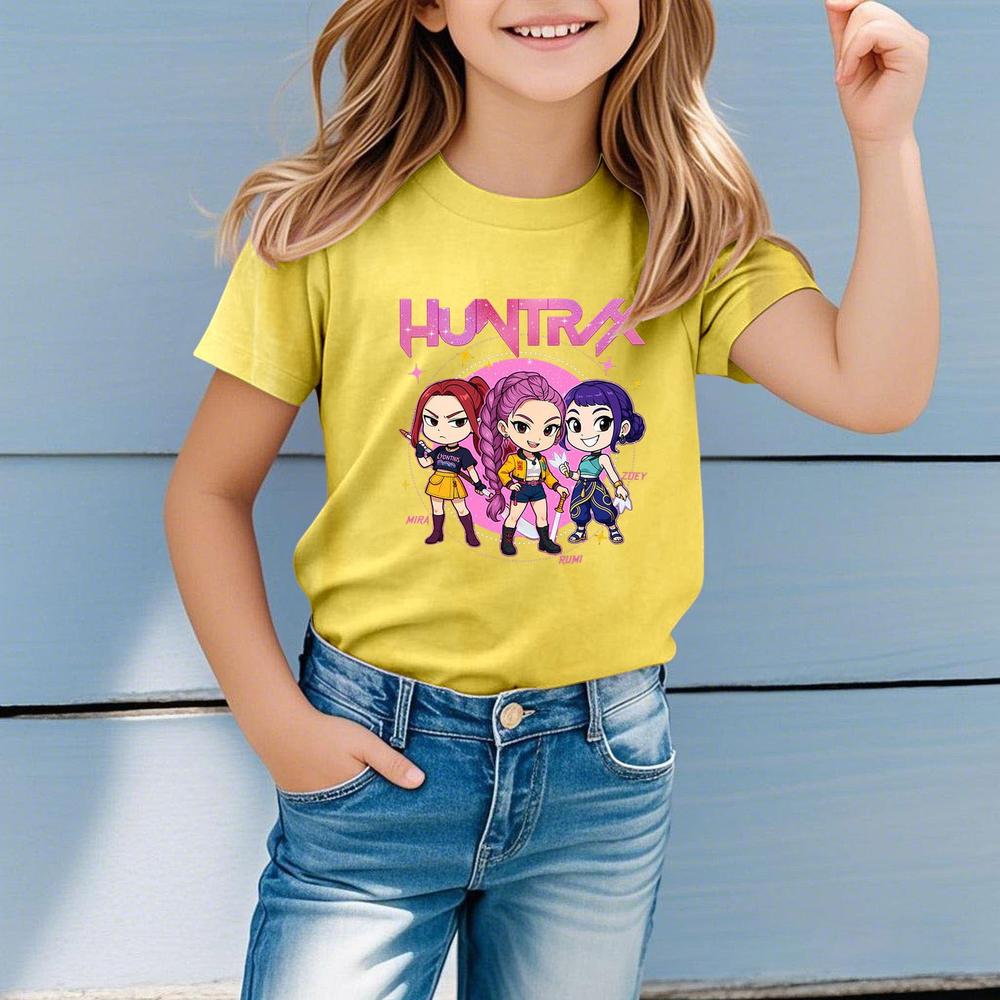 HOT! Kpop Demon Hunters Shirt, Huntrix Girl T-Shirt, Girls Casual Short Sleeve T-Shirts Anime Style Soft Round Neck Tees Comfortable Daily Wear Top for Toddler Teenage Kids