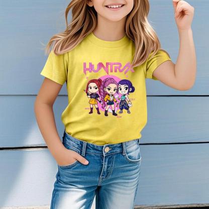 HOT! Kpop Demon Hunters Shirt, Huntrix Girl T-Shirt, Girls Casual Short Sleeve T-Shirts Anime Style Soft Round Neck Tees Comfortable Daily Wear Top for Toddler Teenage Kids