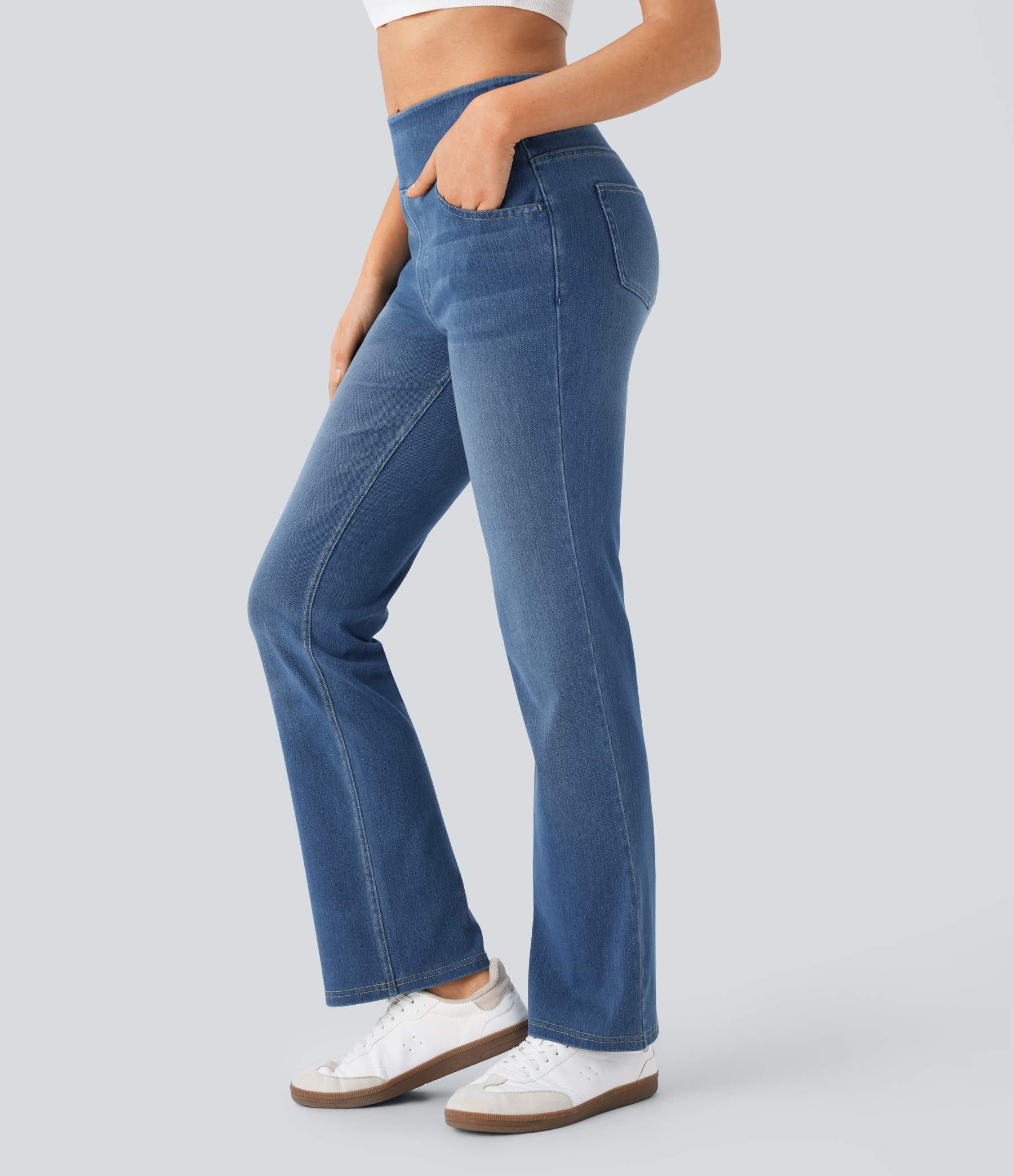 FlexHigh Waisted Pockets Washed Casual Bootcut Jeans