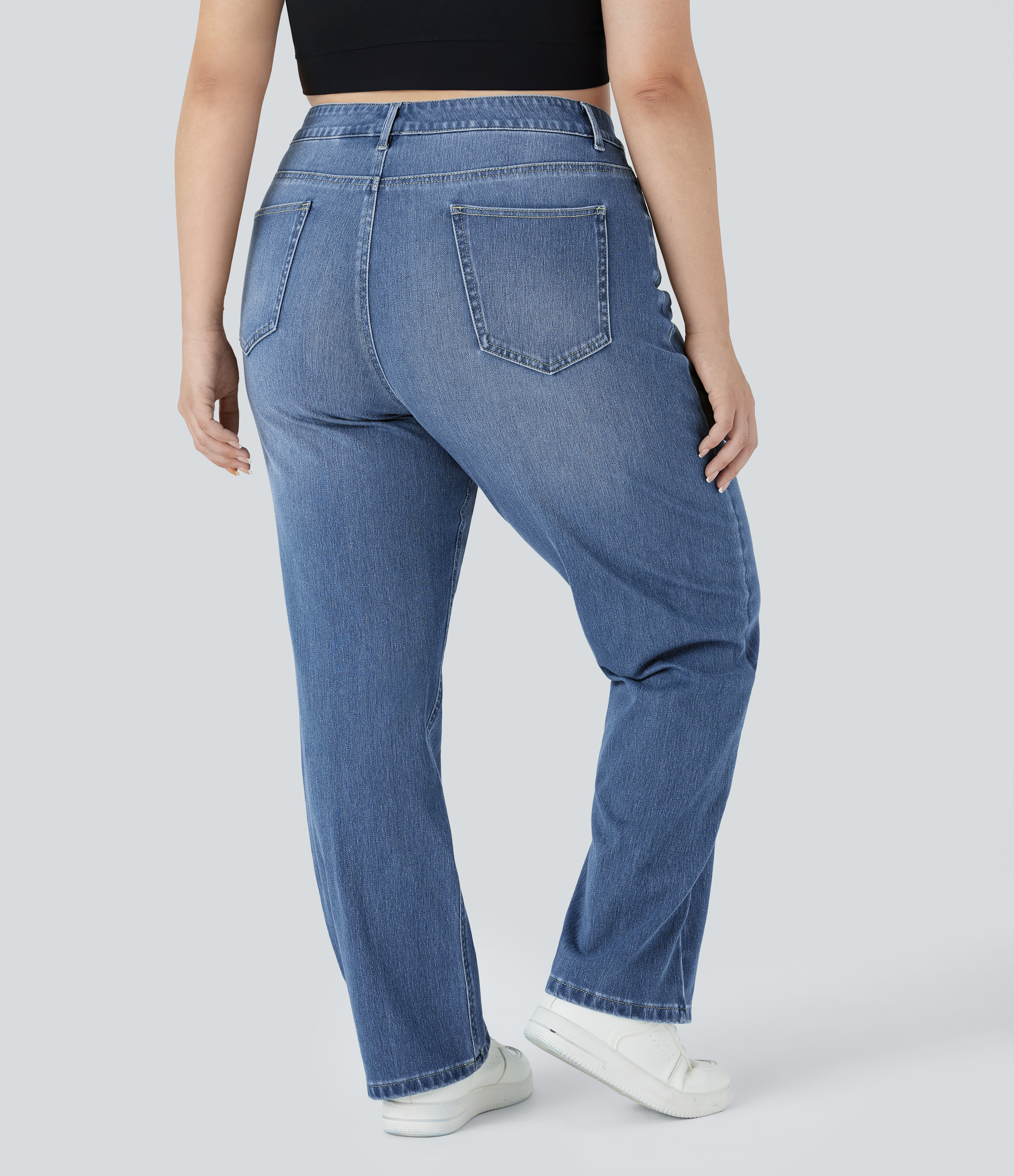 FlexHigh Waisted Pockets Straight Leg Washed Casual Plus Size Jeans