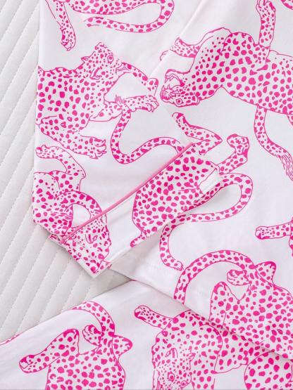 Women's Leopard Print Pajama Set, Casual Fall & Winter Sleepwear, Soft Long Sleeve Shirt and Elastic Pants, Comfortable Home Wear