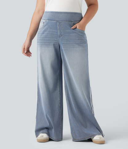 Plus Size FlexHigh Waisted Stripe Wide Leg Flowy Washed Casual Jeans with Pockets