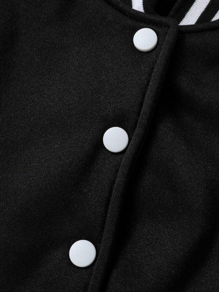 Girls' Short Baseball Jacket Coat, Cartoon Design, Elastic Fabric, Fitted Style, Fall & Winter School Uniform Outerwear, Striped Trim Jacket