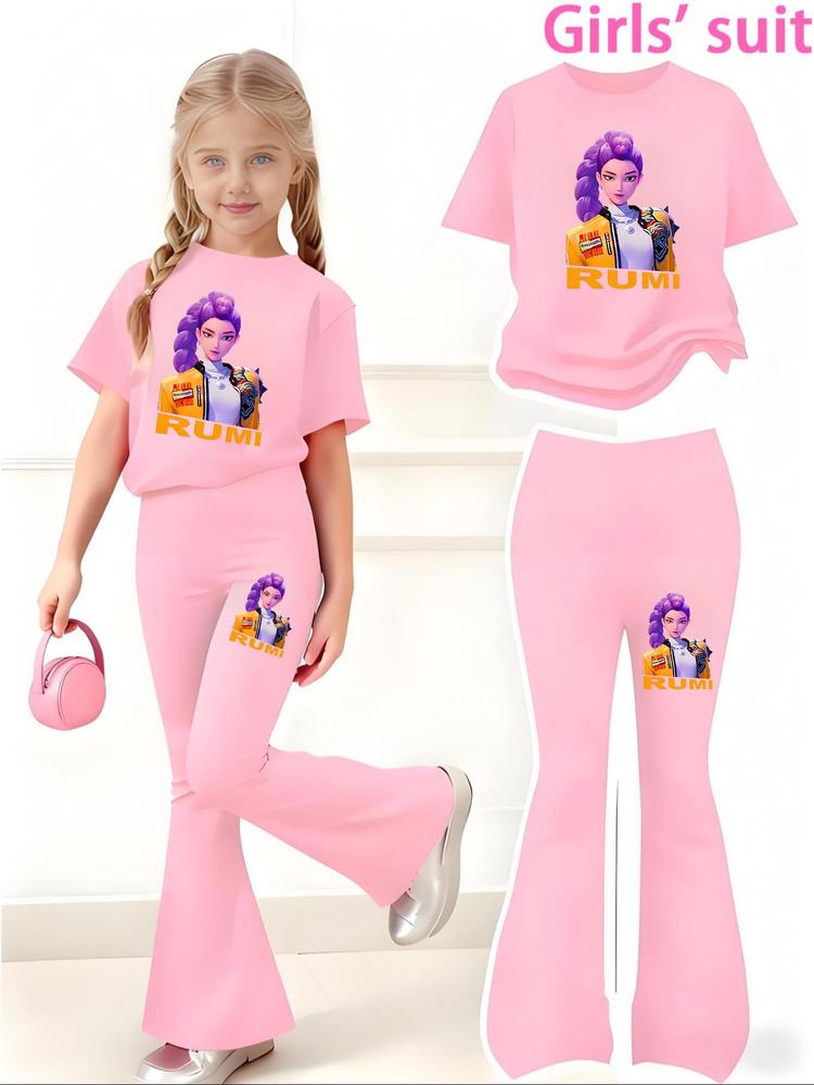 Girls' Casual Sportswear Set, Short Sleeve & Bell Bottoms, Comfortable Elastic Waist Pants, Spring Summer Outdoor Indoor Activities, Kids Girls Clothing