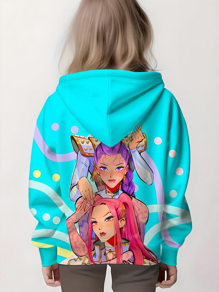 Girls Kpop Demon Hunters Hoodie, Casual Fall Winter Sportswear, Fitted Random Print Design, Durable Outdoor Activities, Christmas Gift