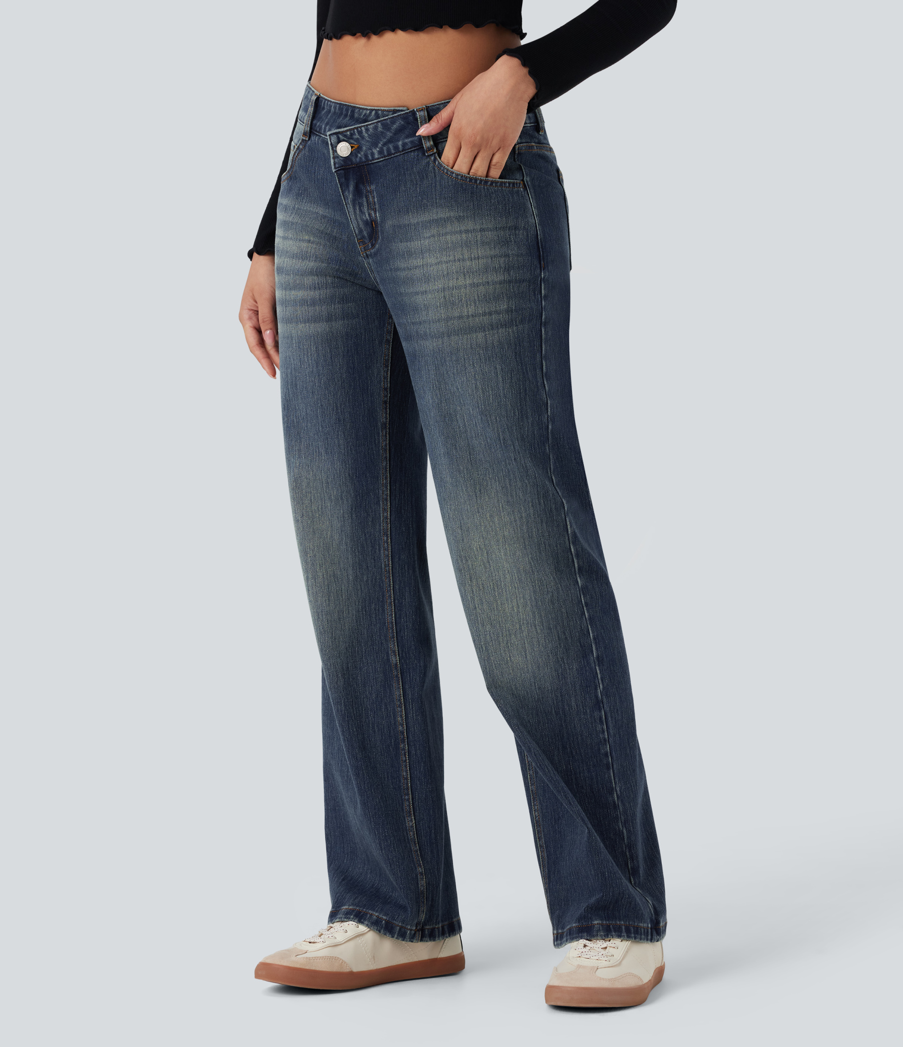 FlexAsymmetric Low Rise Straight Leg Casual Jeans with Pockets