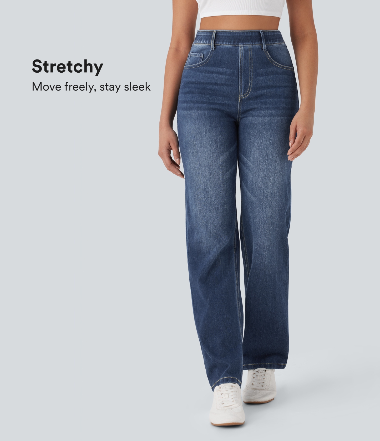 FlexHigh Waisted Pockets Straight Leg Washed Casual Jeans