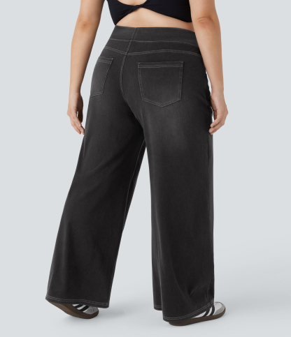 FlexHigh Waisted Pockets Baggy Wide Leg Washed Casual Plus Size Jeans