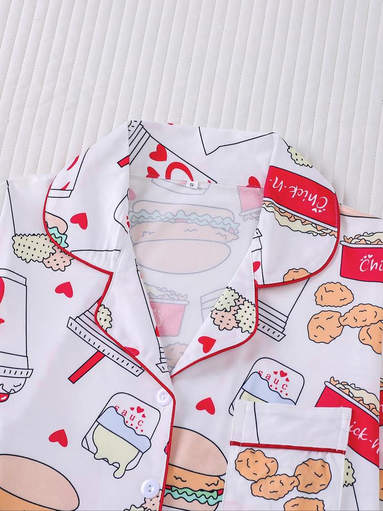 Women's 2-Piece Loungewear Pajama Set, Burger Print, Holiday Party Sleepwear, Soft Shirt Collar Top & Elastic Pants, Casual Home Wear