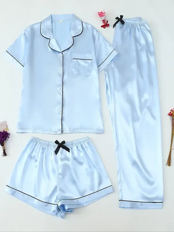 Women's Satin Sleepwear Set, 3-Piece Pajama with Button Front Top & Bow Shorts, Casual Home Wear for Women