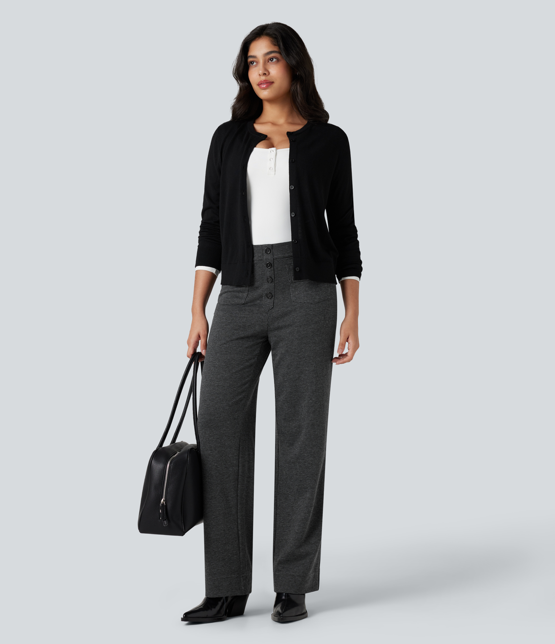 FlexHigh Waisted Houndstooth Straight Leg Work Pants with Pockets