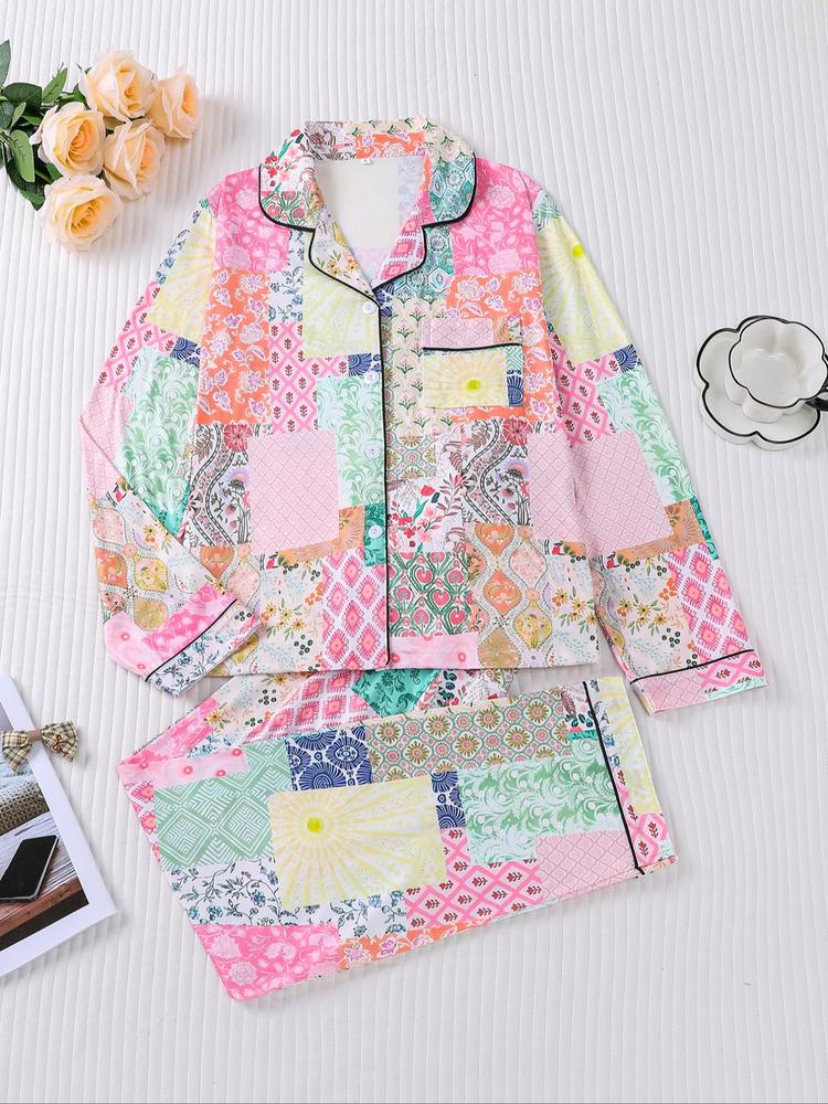 Women's Floral & Plaid Pajama Set, Long Sleeve Button Front Top, Elastic Waist Pants, Casual Fall Winter Sleepwear